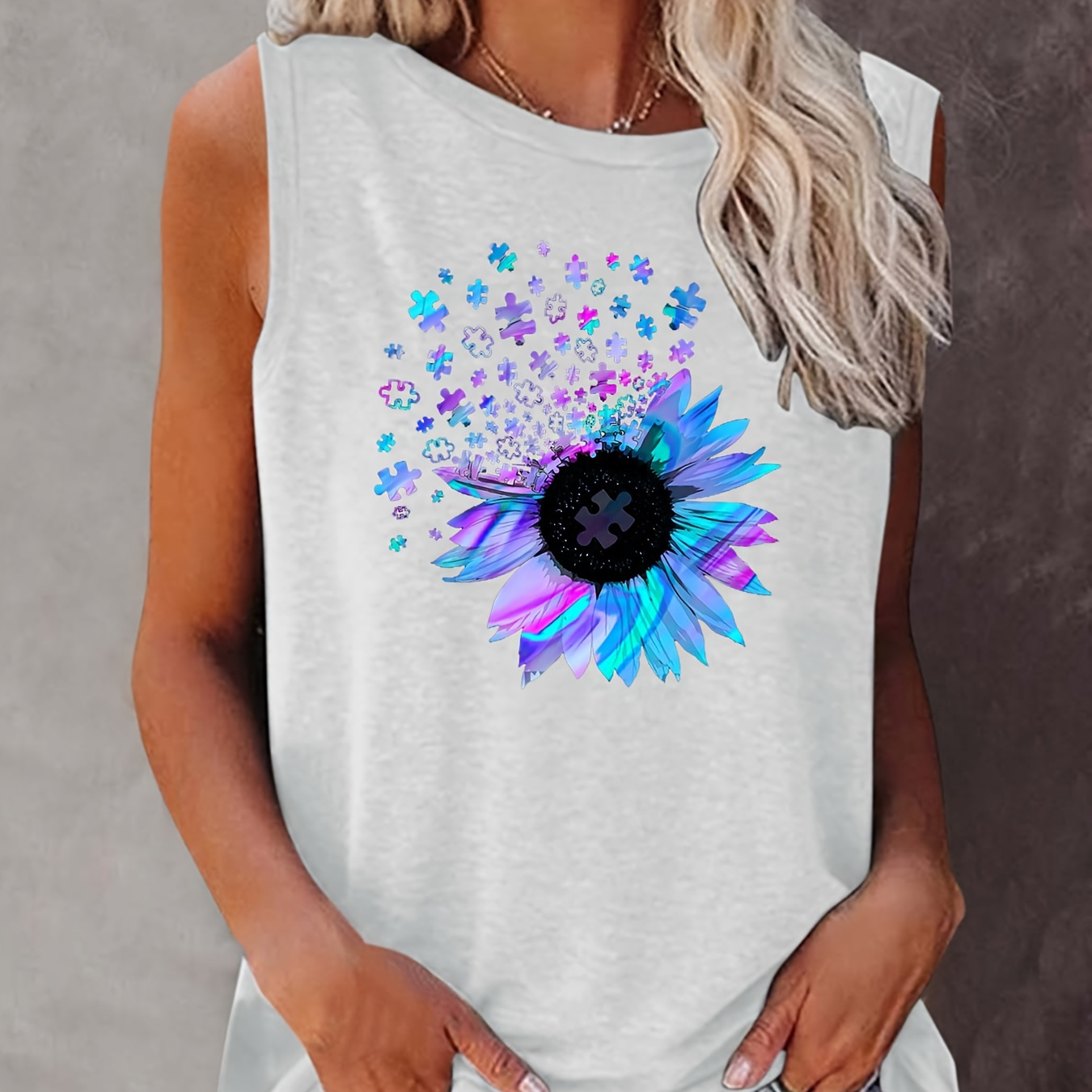 

Sunflower Print Solid Tank Top, Sleeveless Crew Neck Casual Top For Summer & Spring, Women's Clothing