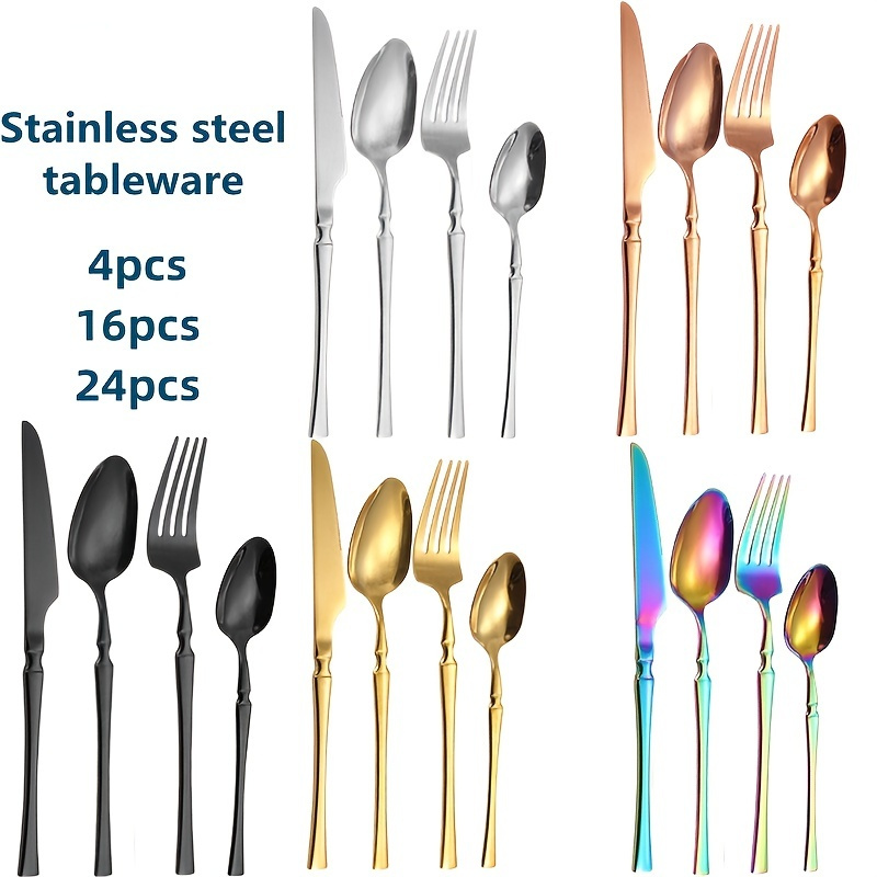 4/16/24Pcs Stainless Steel Dinnerware Set, Simple Style Tableware Set, Knife Fork Spoon Flatware Set,Western Cutlery Set, Dishwasher Safe, Nice Gift, Kitchen Accessories