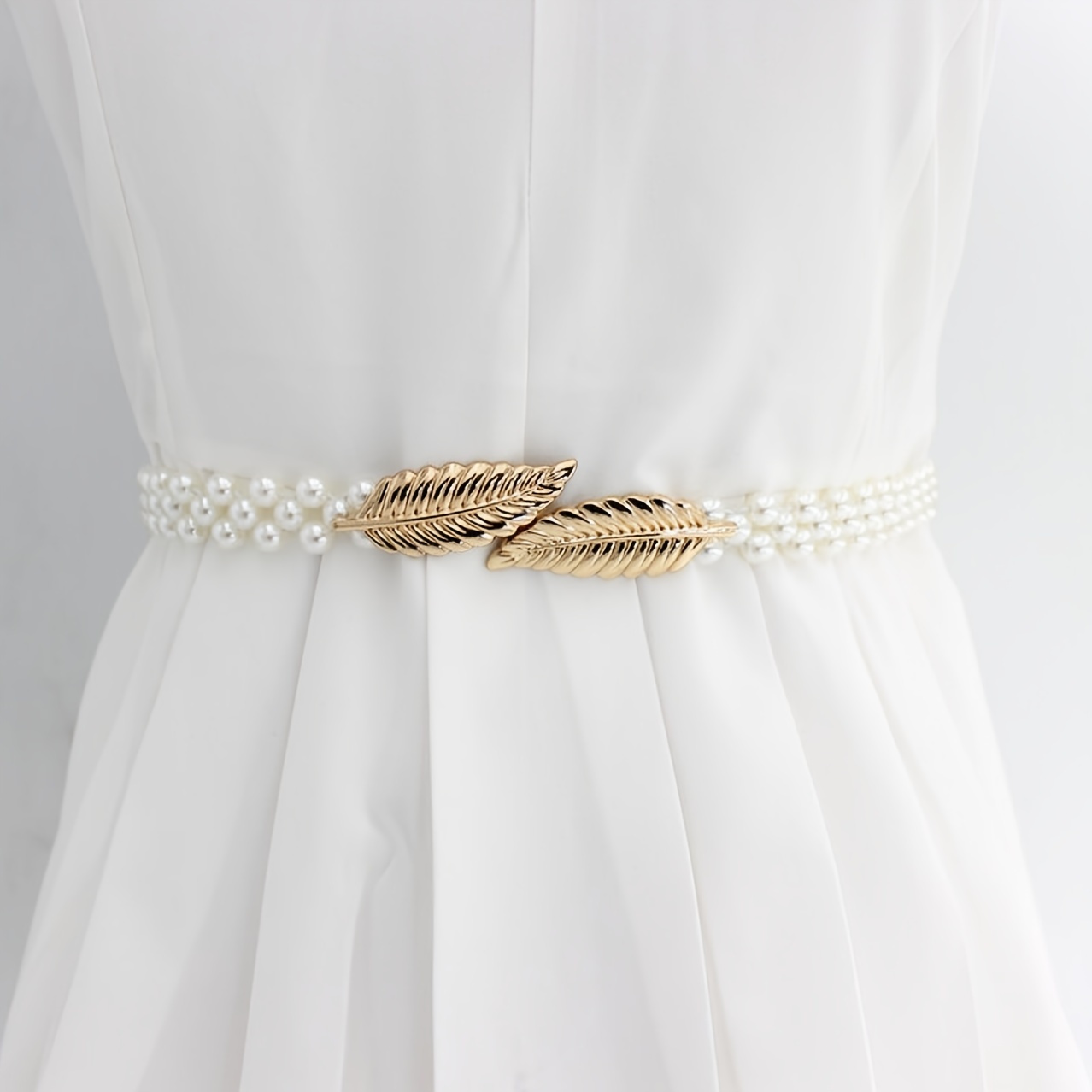 

Faux Pearl Belt Women's Metal Leaf Elastic Pearl Waist Chain Women's Decoration For Dress Elastic Belt