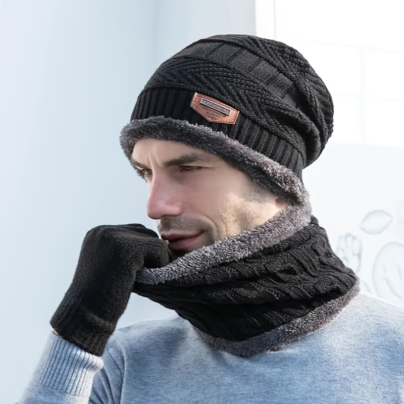 Spencer 2Pcs Winter Beanie Hat Scarf Set Lined Warm Knitted Hat Thick Skull  Cap for Men Women Brown