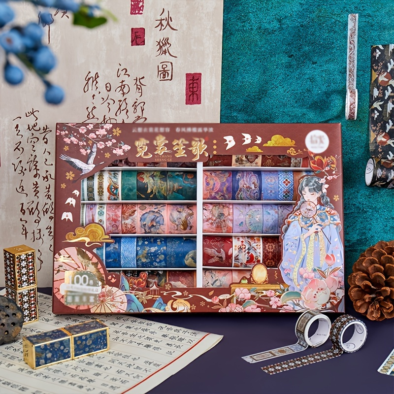 

100 Volumes Washi Tape, 29cm (11.4in)*19.1cm (7.5in) Chinese Ancient Girl Crane Theme Decoration, Diy Handcraft Materials