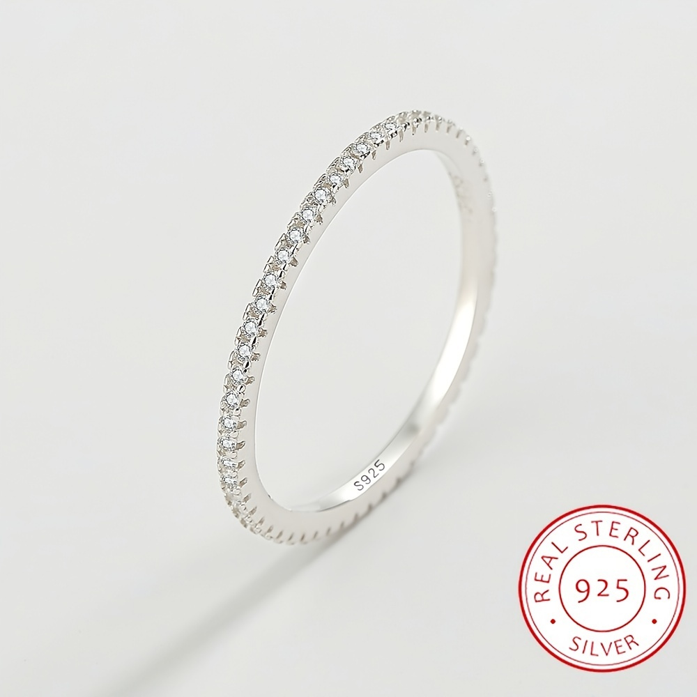 

925 Sterling Silver Simple Style Zircon Band Ring Eternity Wedding Band For Women Bride