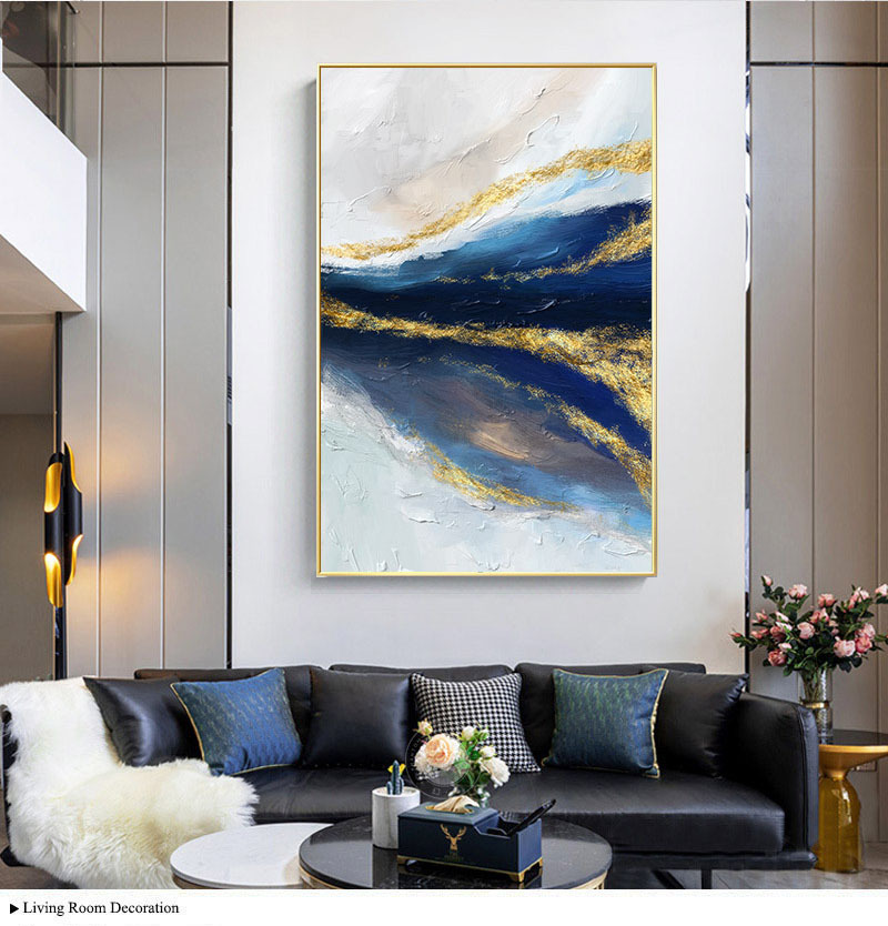 Modern Wall Art Painting Golden Blue Abstract Graphic Poster - Temu