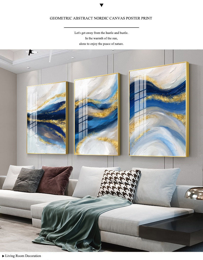 Golden Blue Abstract Ocean Canvas Painting Graphic Art Luxury Poster