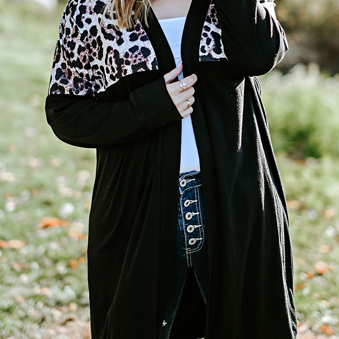 Plus Size Leopard Print Long Sleeve Cardigan, Women's Plus Round Neck Slight Stretch Cardigan