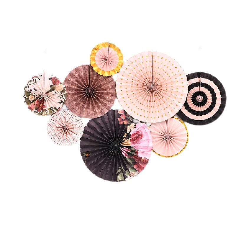 

8pcs, Spring&summer Hanging Paper Fans Decoration, Round Pattern Set, Events Accessories Bithday, Home Cavinal Banner Wedding Dessert Table Bobble Ball, Hanging Ornament Paper Draw Flower Crafts