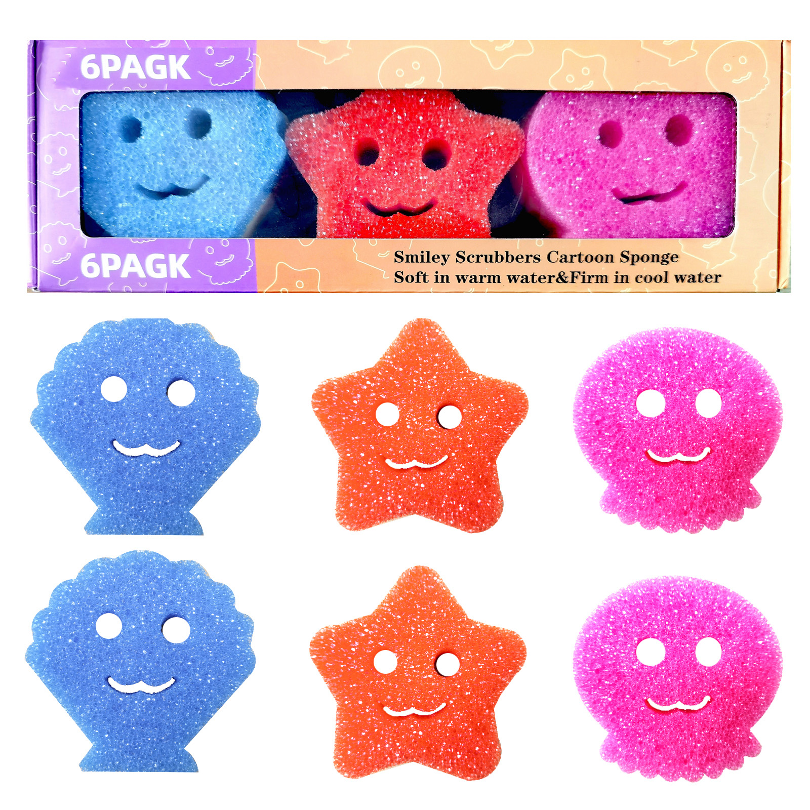 1box/6pcs Spugna Scrub Sorriso Cartoon Cucina Spugna Piatti - Temu Italy