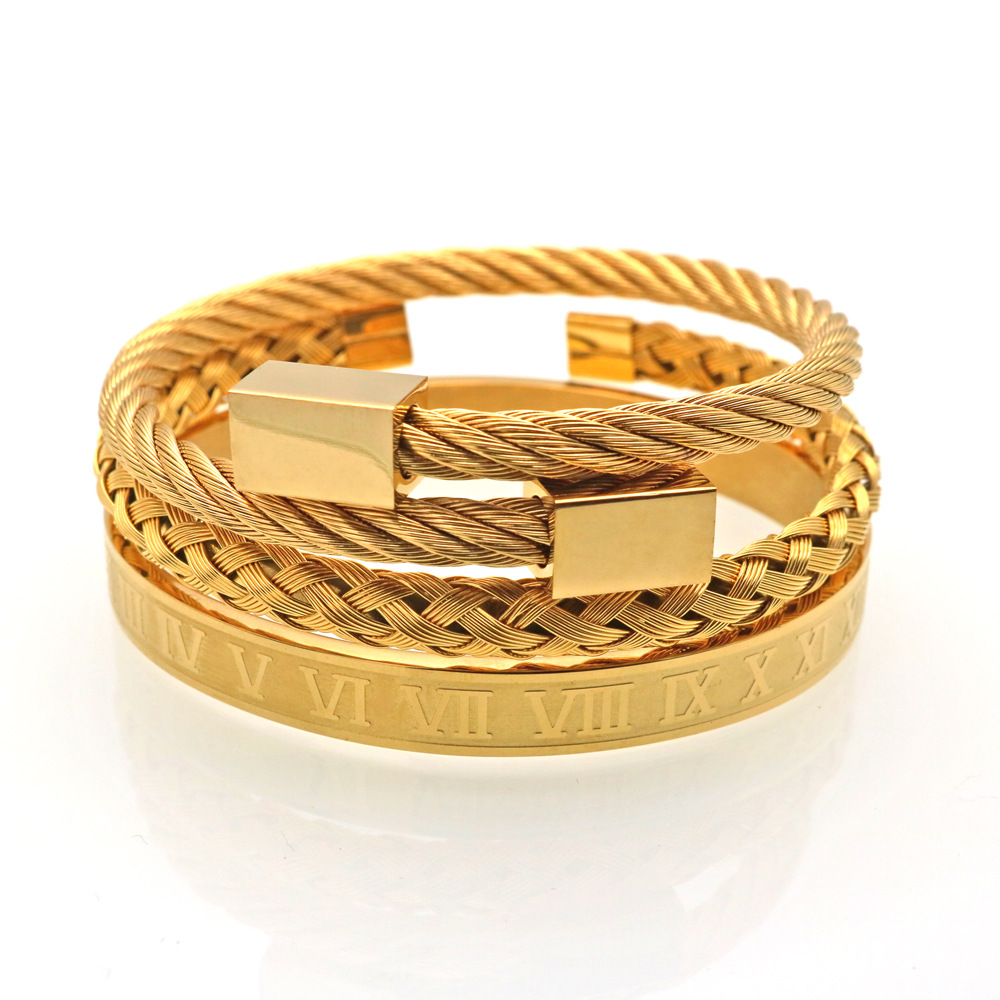 Mens Stainless Steel Gold Roman Number Cuff Love Bangles Hip Hop Bracelets  Set