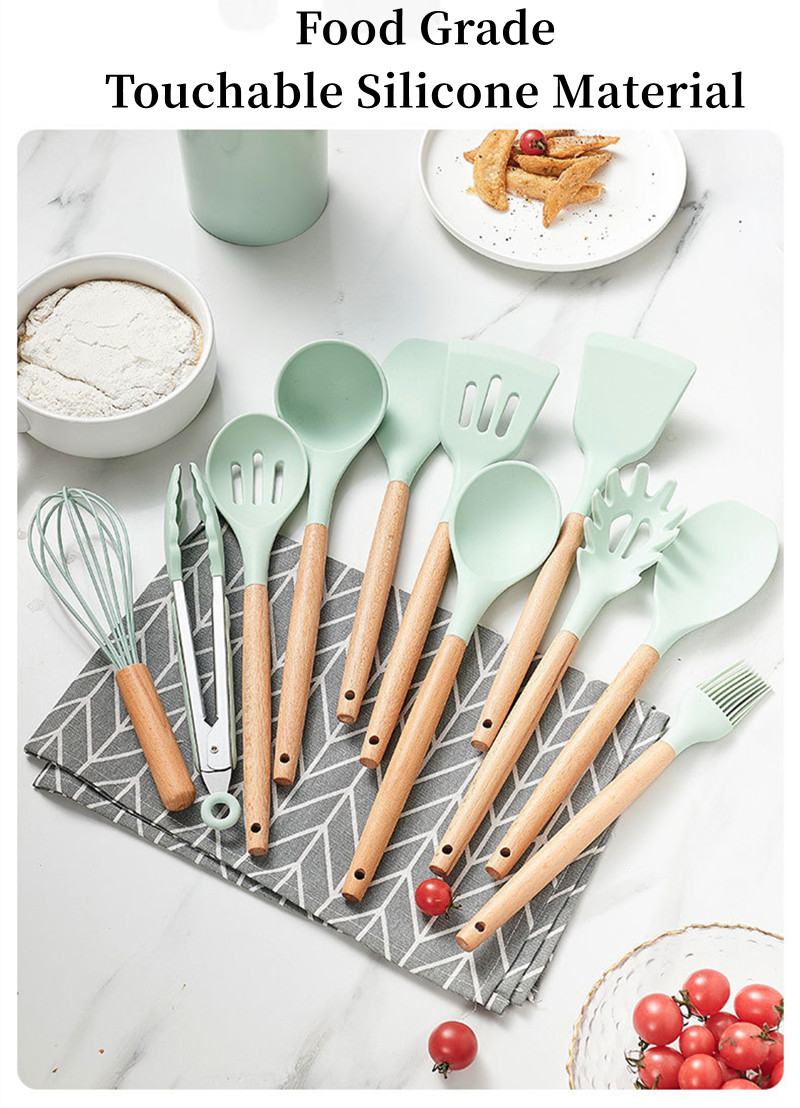 12Pcs/Set Wooden Handle Silicone Kitchen Utensils With Storage Bucket High  Temperature Resistant And Non Stick Pot Spatula Spoon