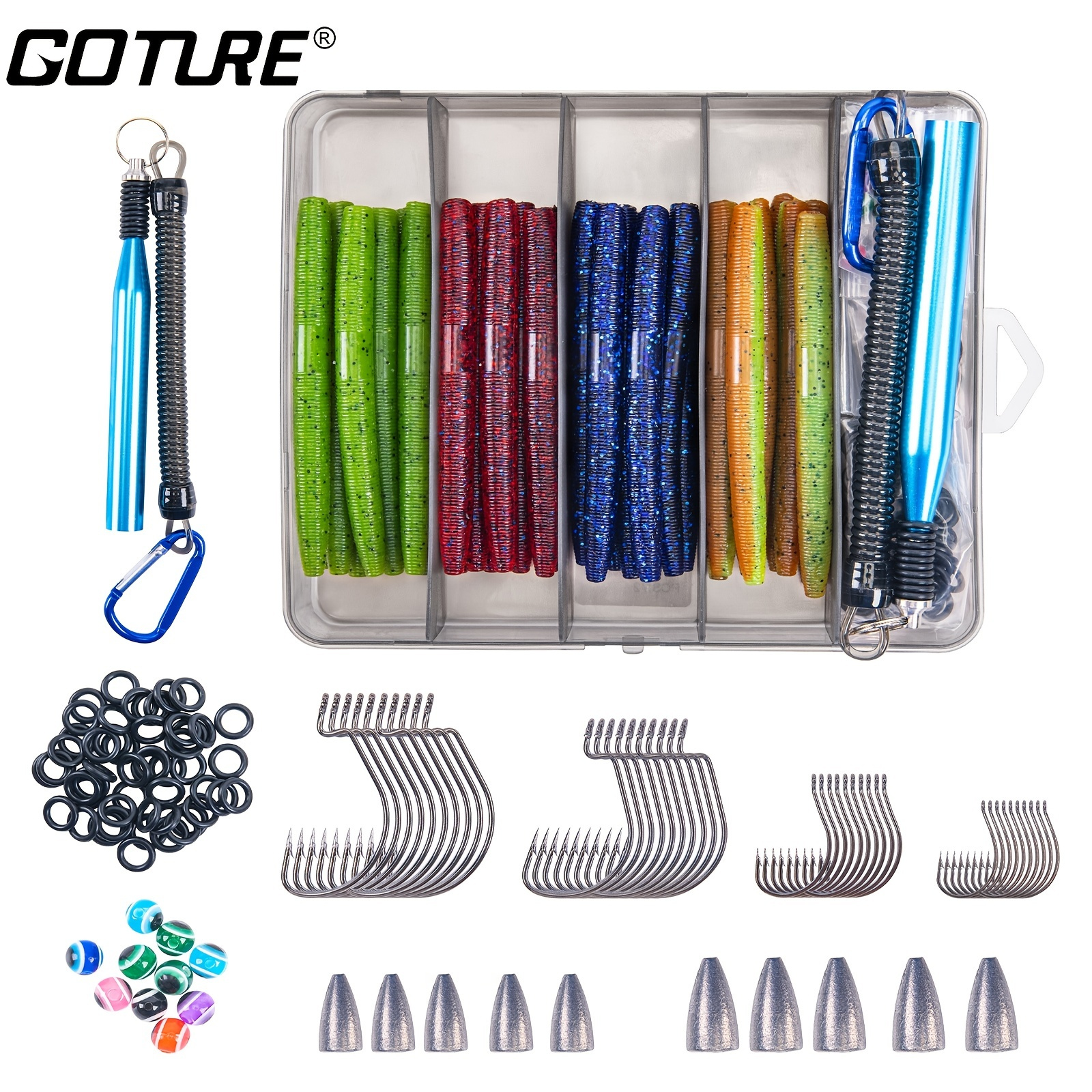Goture 143pcs 4in/5.27in Bass Fishing Wacky Worm Tool Kit Senko Worms