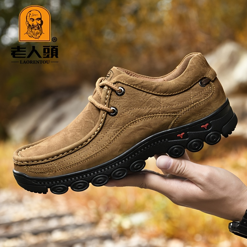 LAORENTOU Men's Genuine Leather Wear-resistant Anti-skid Shoes Comfortable Stitching Ankle Boots Walking Sneakers