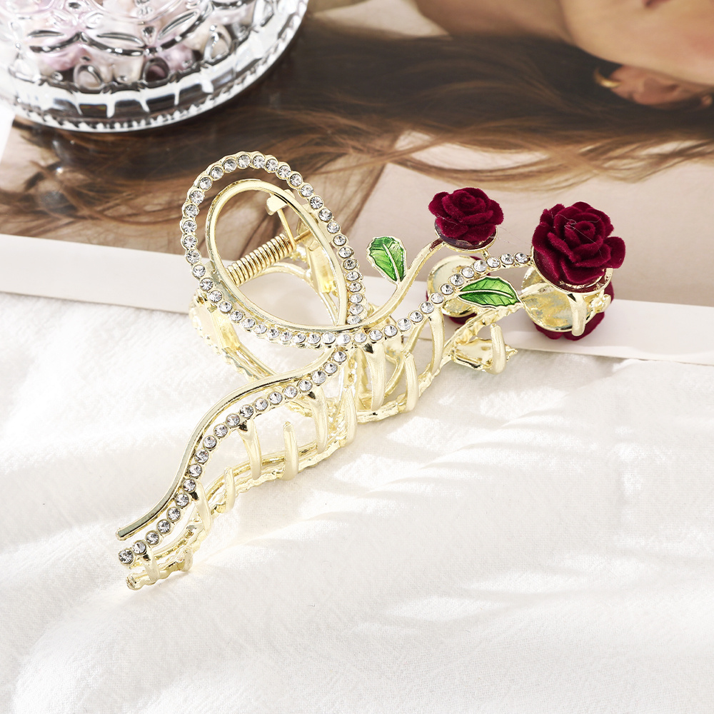 Image of Red Rose Rhinestone Hair Claw Clip Elegant Non-slip Grip Hair Jaw Clip For Thick Hair Accessories