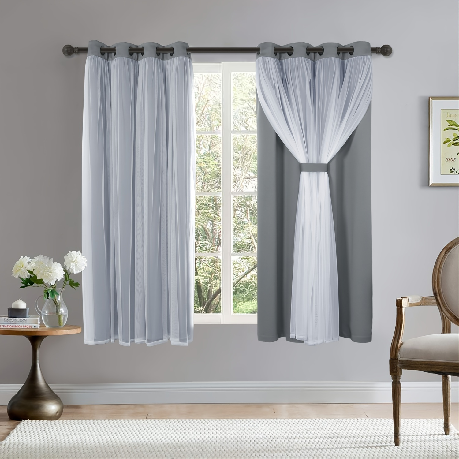 Cortinas opacas de 1 panel con gasa transparente blanca de doble capa,  cortinas mixtas y combinadas, cortinas con ojales para dormitorio, gris