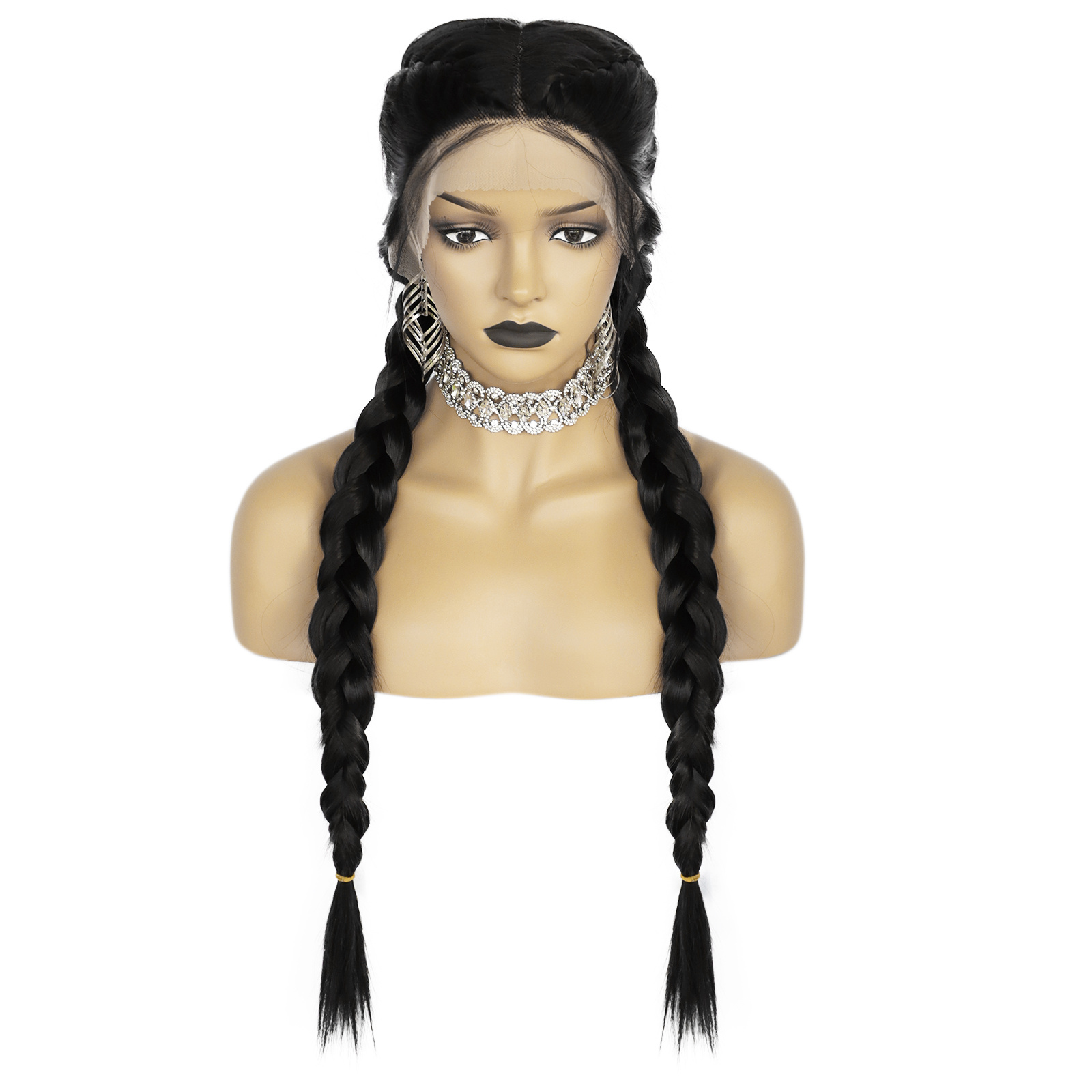 Heat Resistant Double Braided Black Lace Wig Long Synthetic Braided Wig for Women Daily Wear