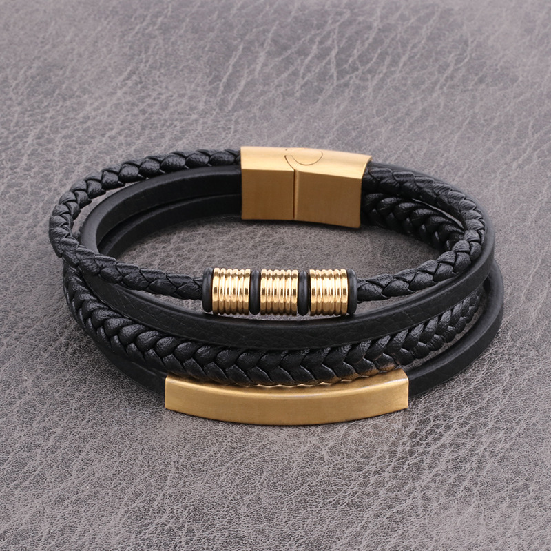 Stainless Steel Men's Pu Leather Braided Bracelet Men's - Temu
