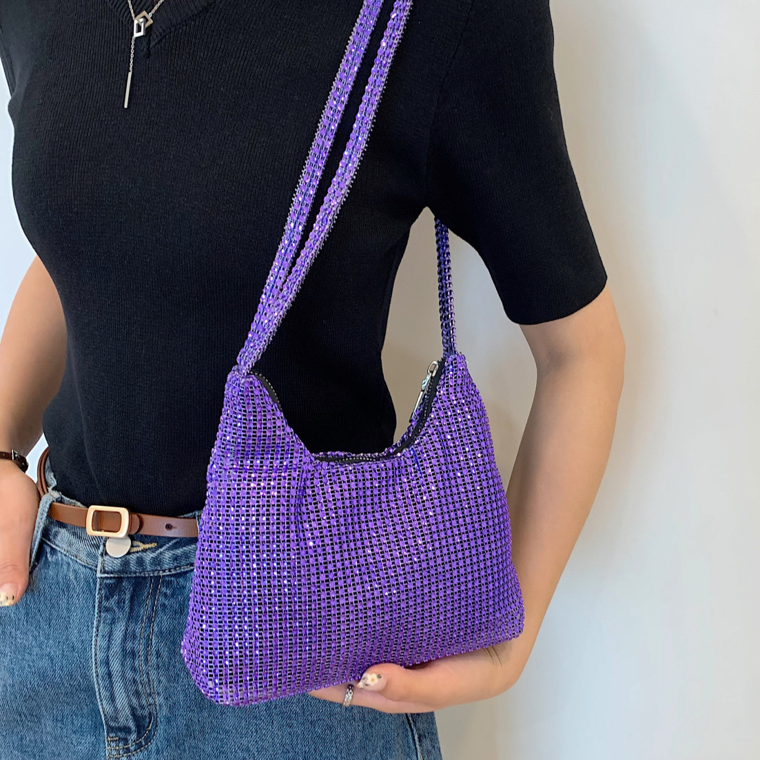 Allover Rhinestone Shoulder Bag, Fashion Large Capacity Purse, Women's