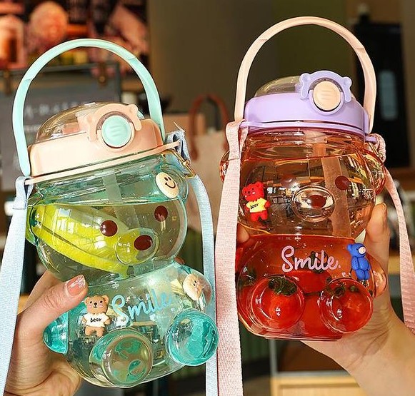 Cute Bear Water Bottle With Straw And Lanyard Perfect For - Temu