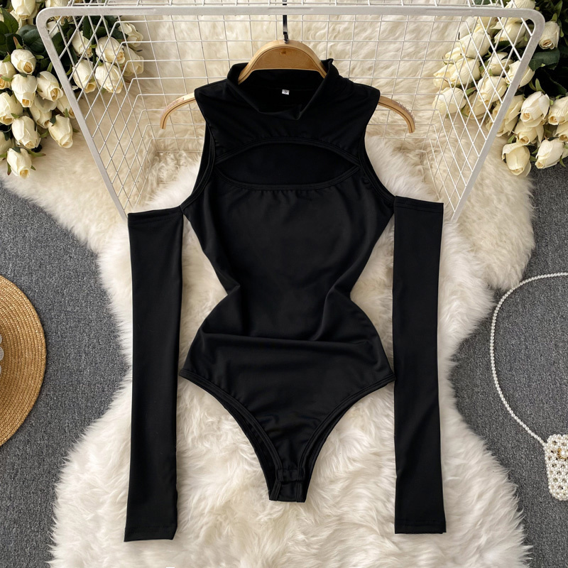 High Neck Cold Shoulder Bodysuit Long Sleeve Sexy Cut Casual - Temu