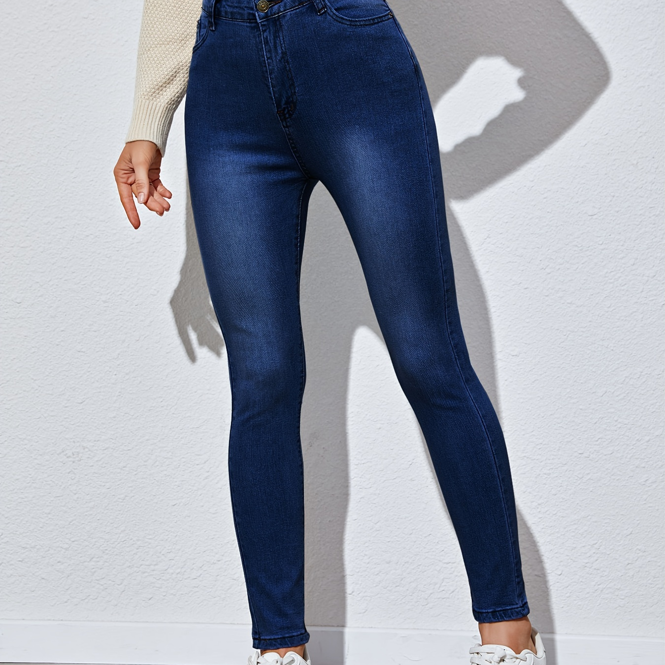 Jeans ajustados negros elásticos de tiro alto, pantalones de mezclilla  ajustados de color sólido de cintura alta, jeans y ropa de mezclilla para  mujer