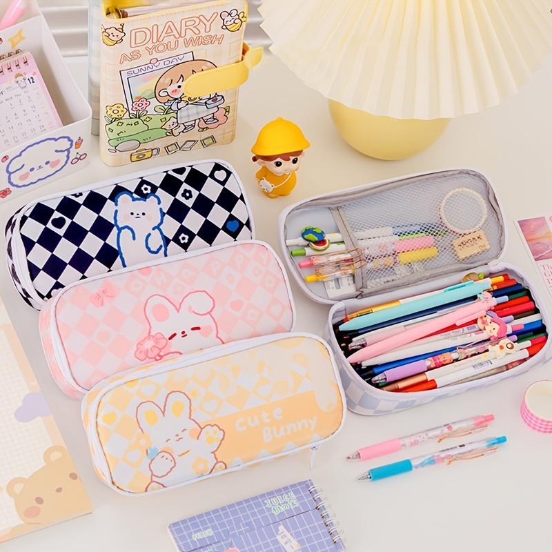 Cute Grid Pattern Pencil Case, Cute Pen Pouch, Cute Korean Pencil Case,  Kawaii Multi-layer Pencil Pouch, Back to School Pen Pouch, Journal 