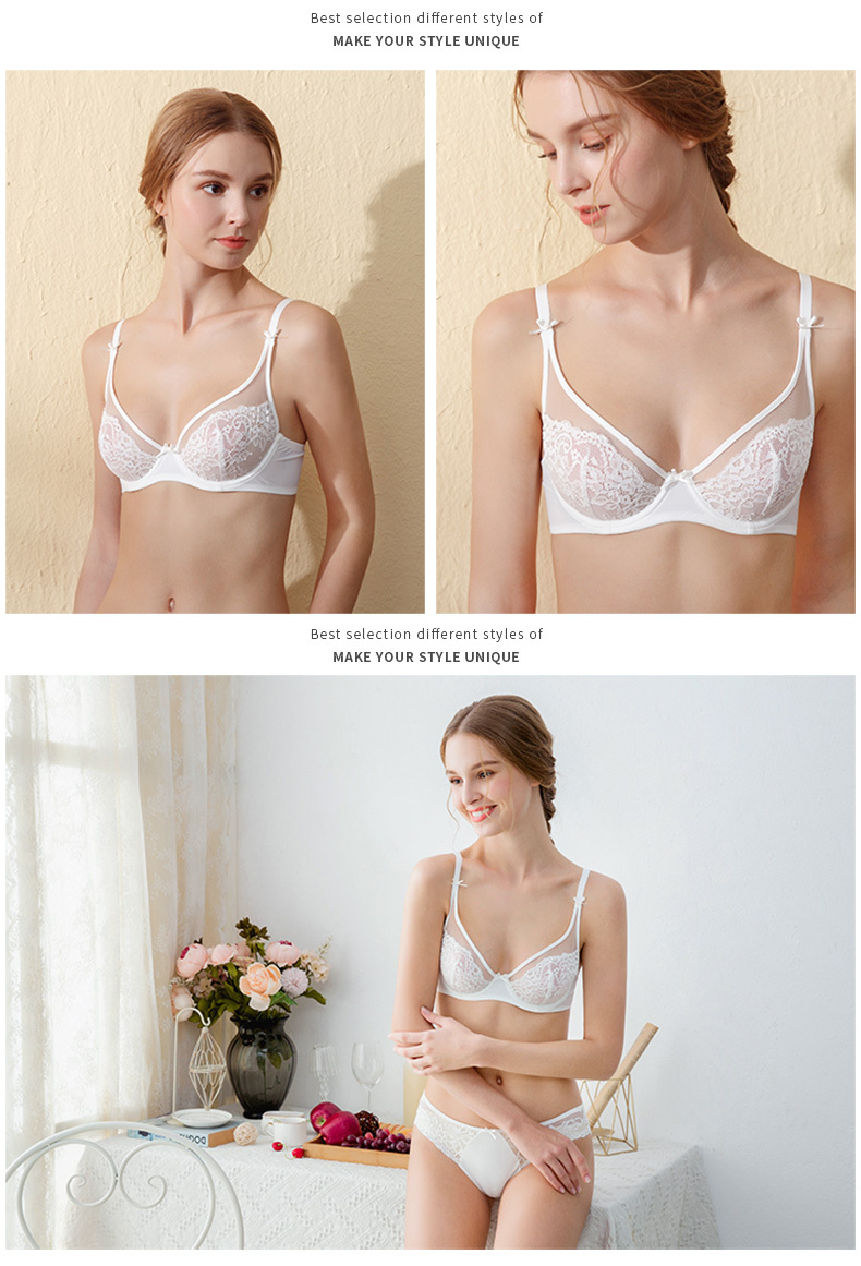 French Style Sexy Ultra-thin Lace Mesh Bra Set In White