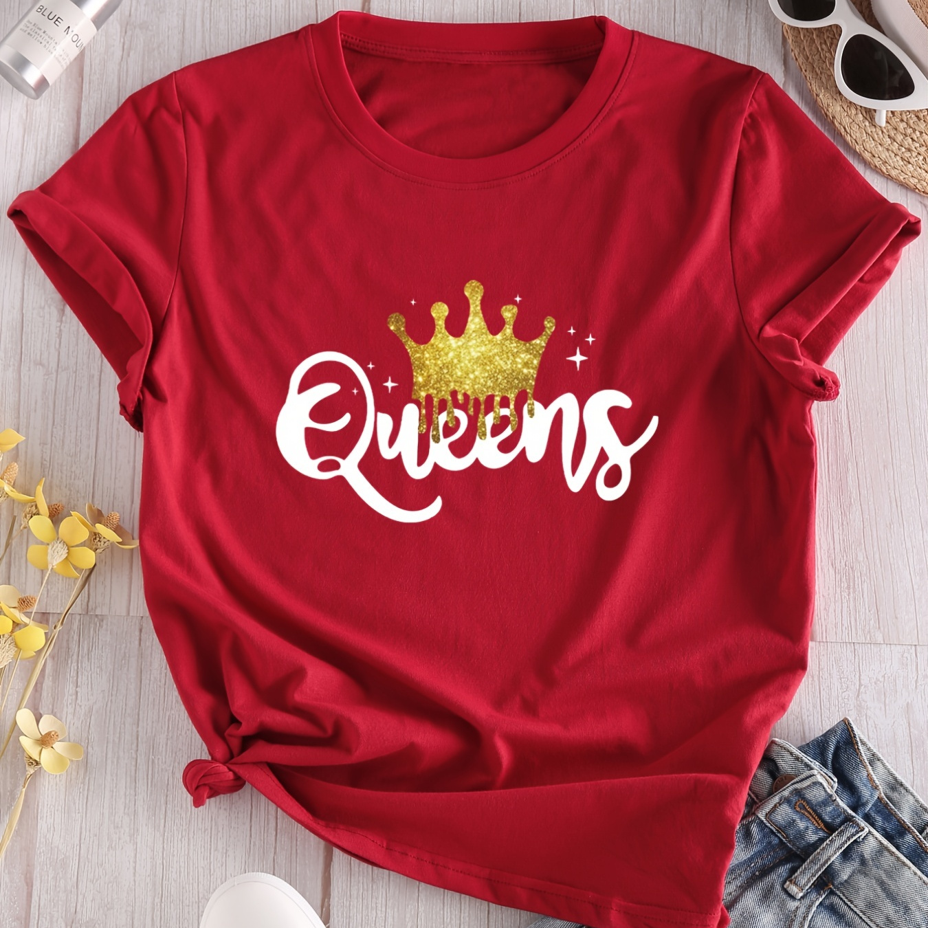 

Women's Queen Letter Print T-shirt, Casual Crew Neck Short Sleeve T-shirt, Casual Every Day Tops, Women's Clothing