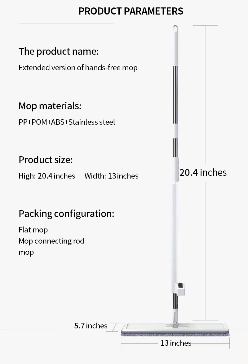 Extended No-hand-wash Flat Mop With 3 Microfiber Mop Pads For Lazy