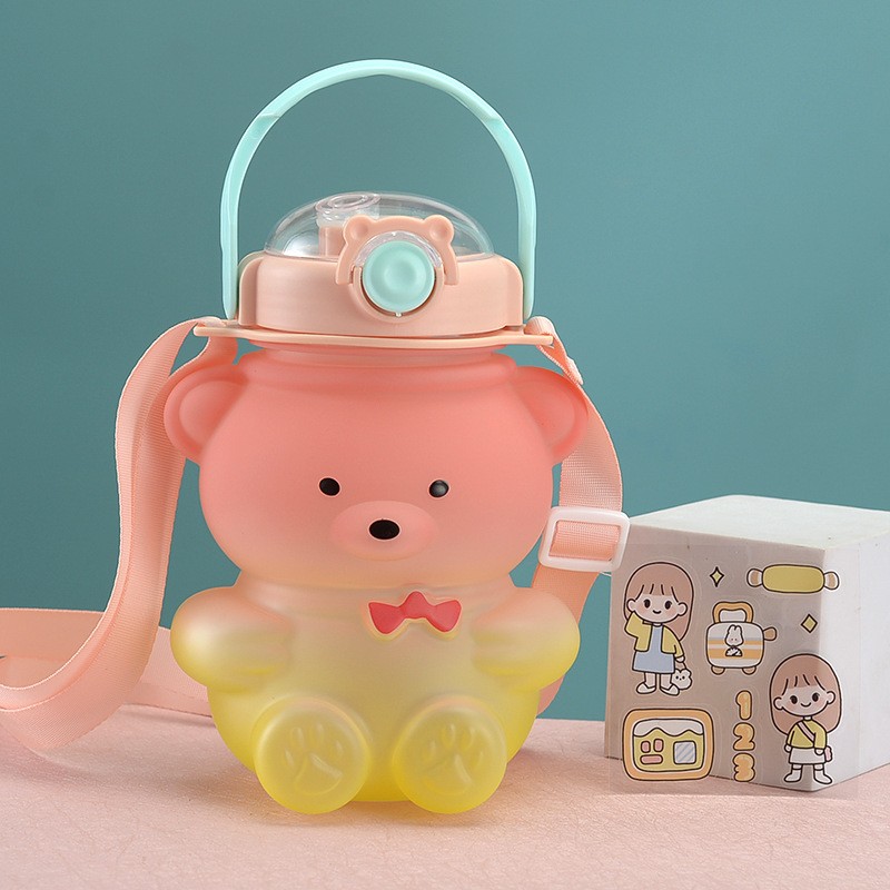 Convenient & Portable Cute Water Bottle With Transparent Straw And Bear  Shaped Cap