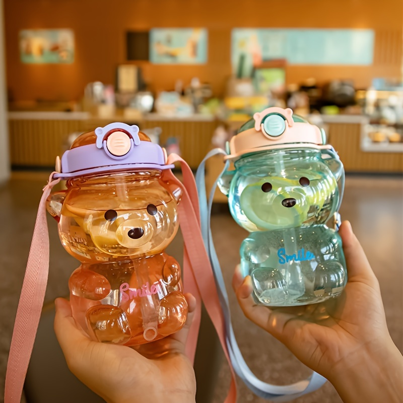 2 Pcs Cute Water Bottles Leak Proof Kawaii Bear Straw Bottle Large Capacity  Bear Cup with
