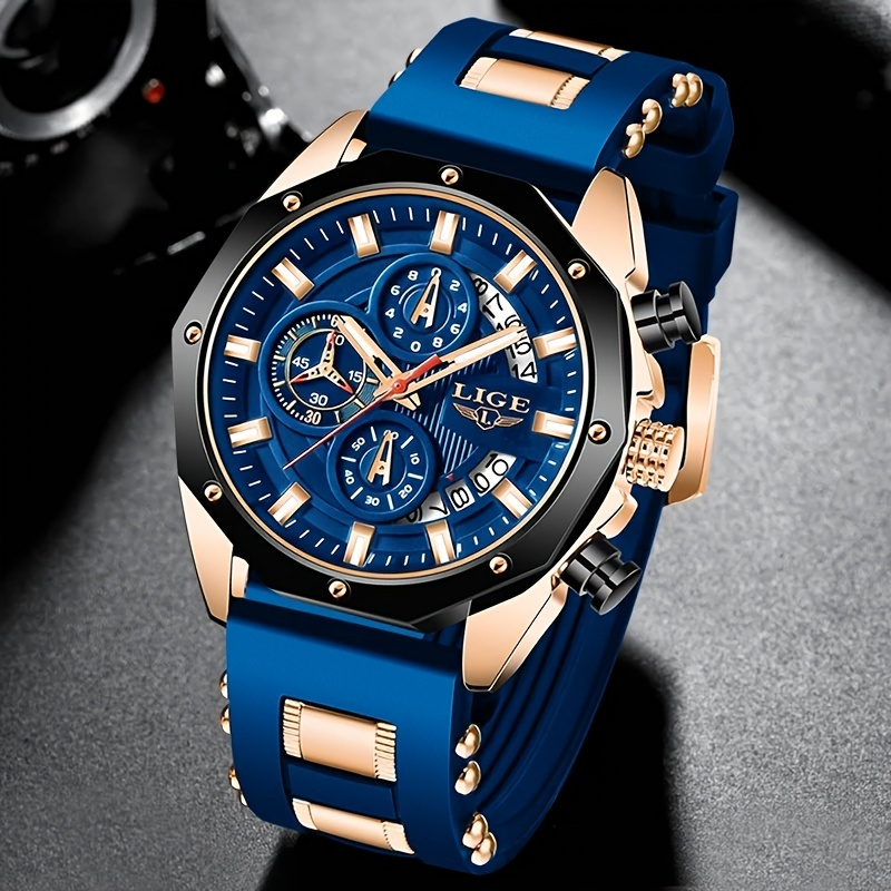 LIGE メンズ腕時計ブランド 高級シリコンストラップ 防水 スポーツ クォーツ腕時計 メンズクロノグラフミリタリー時計