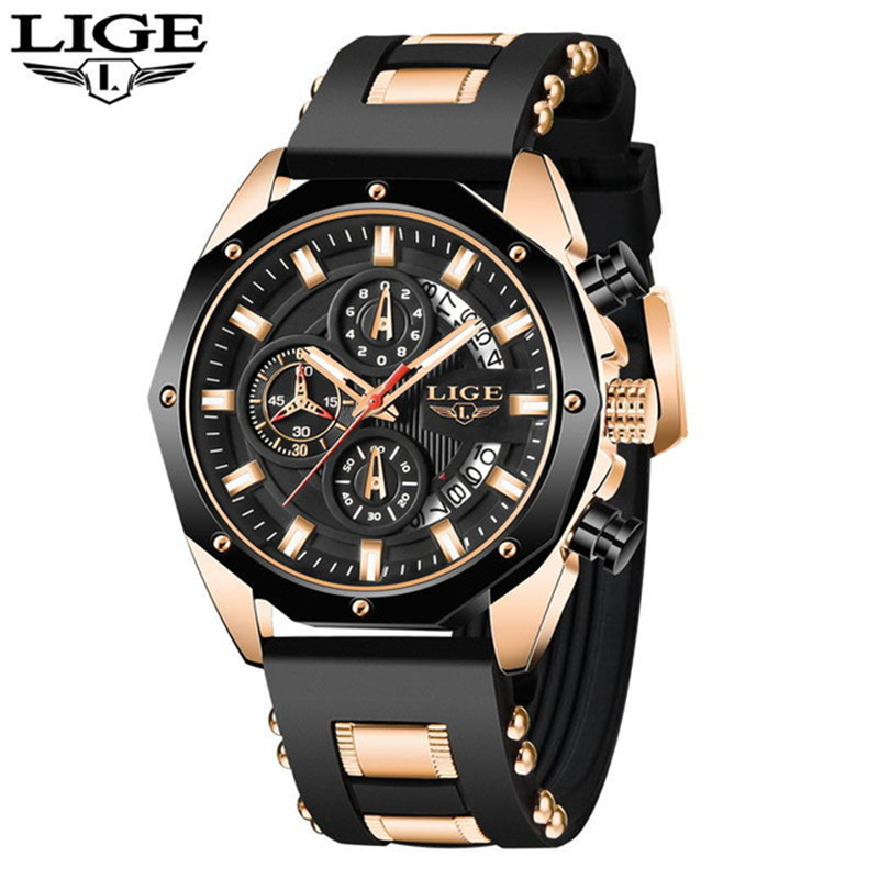 Lige メンズ腕時計ブランド 高級シリコンストラップ 防水 スポーツ 
