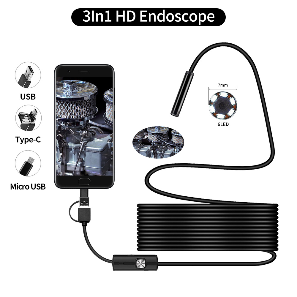 Waterproof HD 5M/7mm Endoscope Lens Mini USB Inspection Camera with 6 LED  Lights Borescope for Android Smartphone/PC/ 