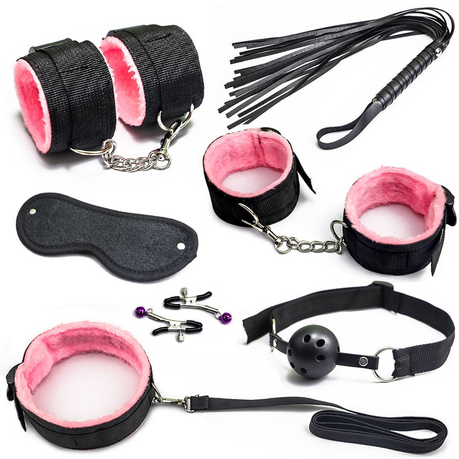 10 PC Bondage Kit Restraint Collar Whip Wrist Ankle Cuffs Rope Red