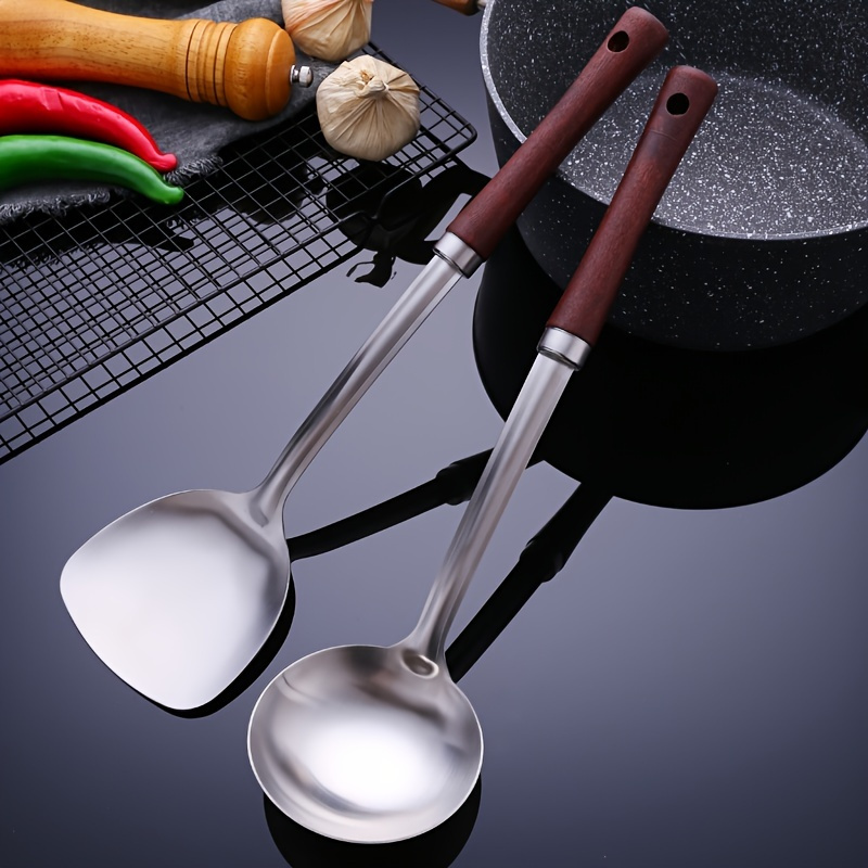 1 Pieza De Espátula Grande Ranurada Turner Cucharón De Sopa, Acero  Inoxidable Wok Espátula, Cuchara Ranurada Para Utensilios De Cocina, Mango  Largo De Madera Cucharones Cocina Metal Espátula Cucharas De Cocina 