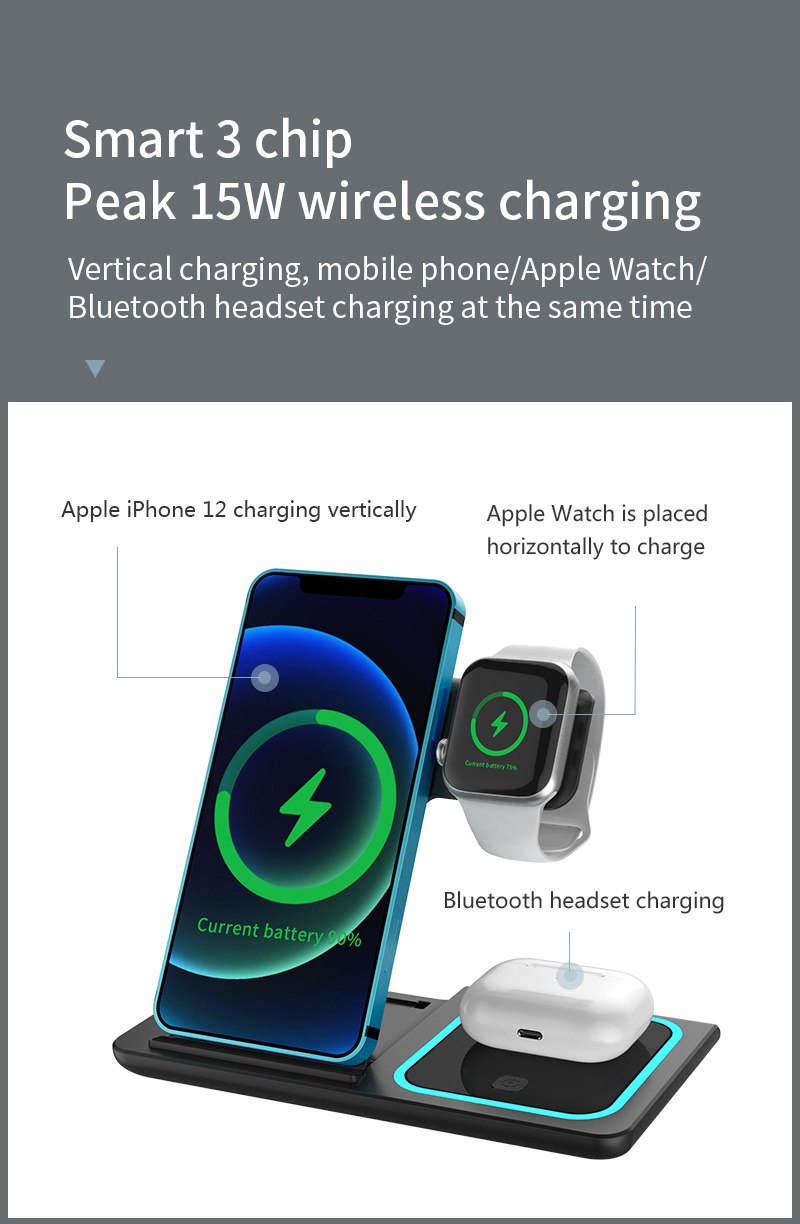 3-IN-1 FAST CHARGING STATION—A VERSATILE SOLUTION COMPATIBLE WITH IPHONE 14 TO 8, APPLE WATCH 1-8, AND AIRPODS 3 TO PRO.