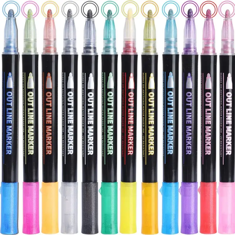  12 Colors Glitter Markers Double Line Markers Outline Pens,  Super Squiggles Glitter Outline Marker Set, Drawing Pen for Card Making,  DIY Art Drawing, Lettering, Craft Project : Arts, Crafts & Sewing