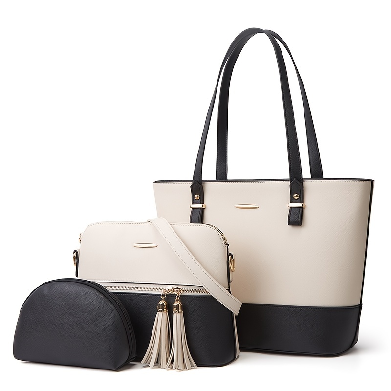 Two Tone Tote Bag Set, Large Shoulder Handbag & Tassel Decor