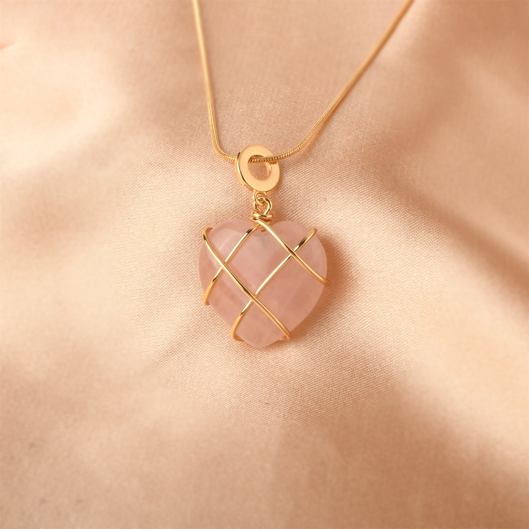 Gold Pink Crystal Heart Necklace