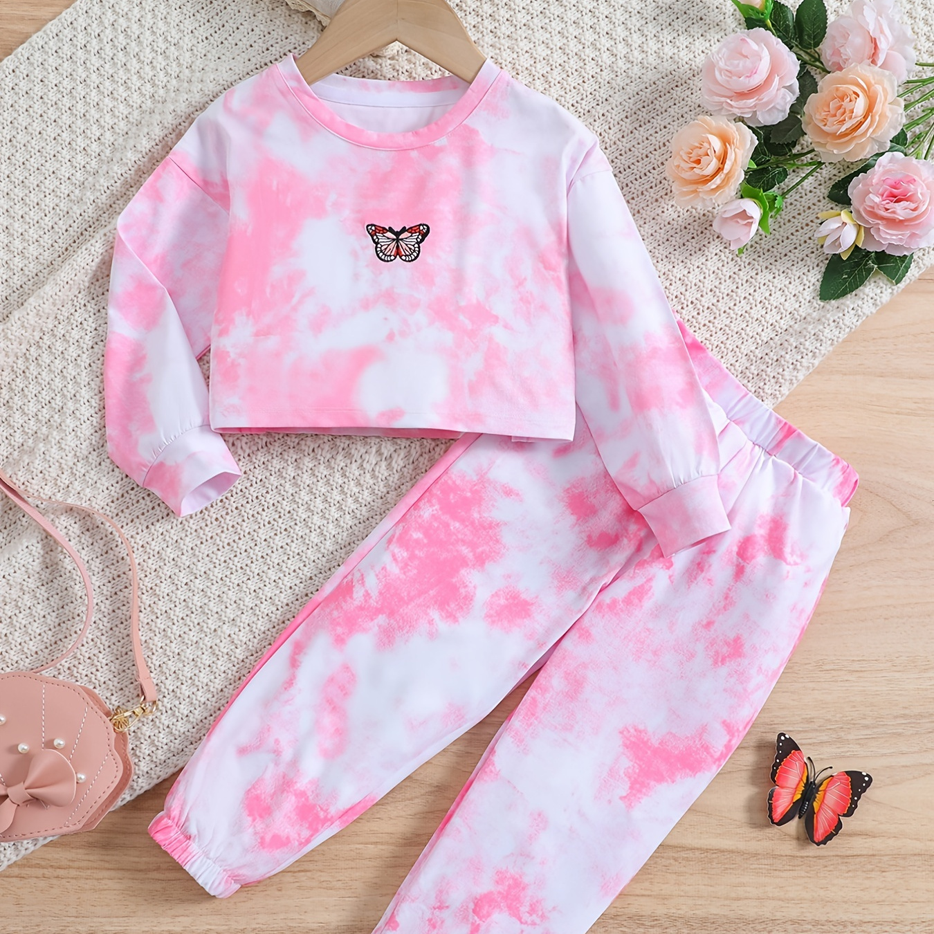 

Toddler Girls Butterfly Embroidery Tie Dye Top Long Sleeve Tee Shirt And Sweat Pants 2pcs Sportswears Y1-y8