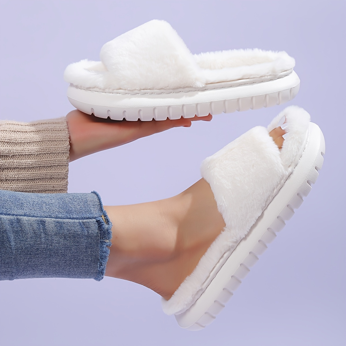 

Women's Fuzzy House Slippers, Warm & Comfy Open Toe Indoor Shoes, Non Slip Bedroom Slides