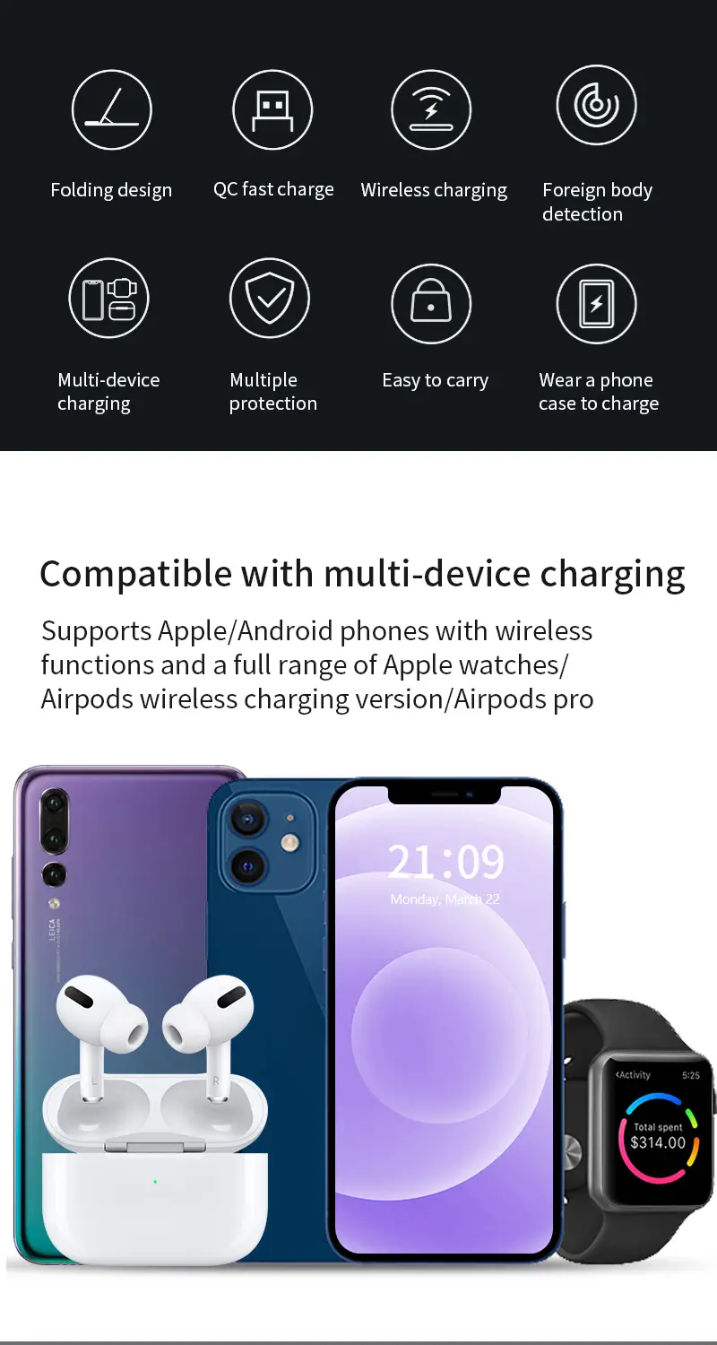 3 in 1 fast charging station folding wireless charger stand for iphone 14 13 12 11 pro max mini plus x xr xs max se 8 plus apple watch 1 8 airpods 3 2 pro details 8