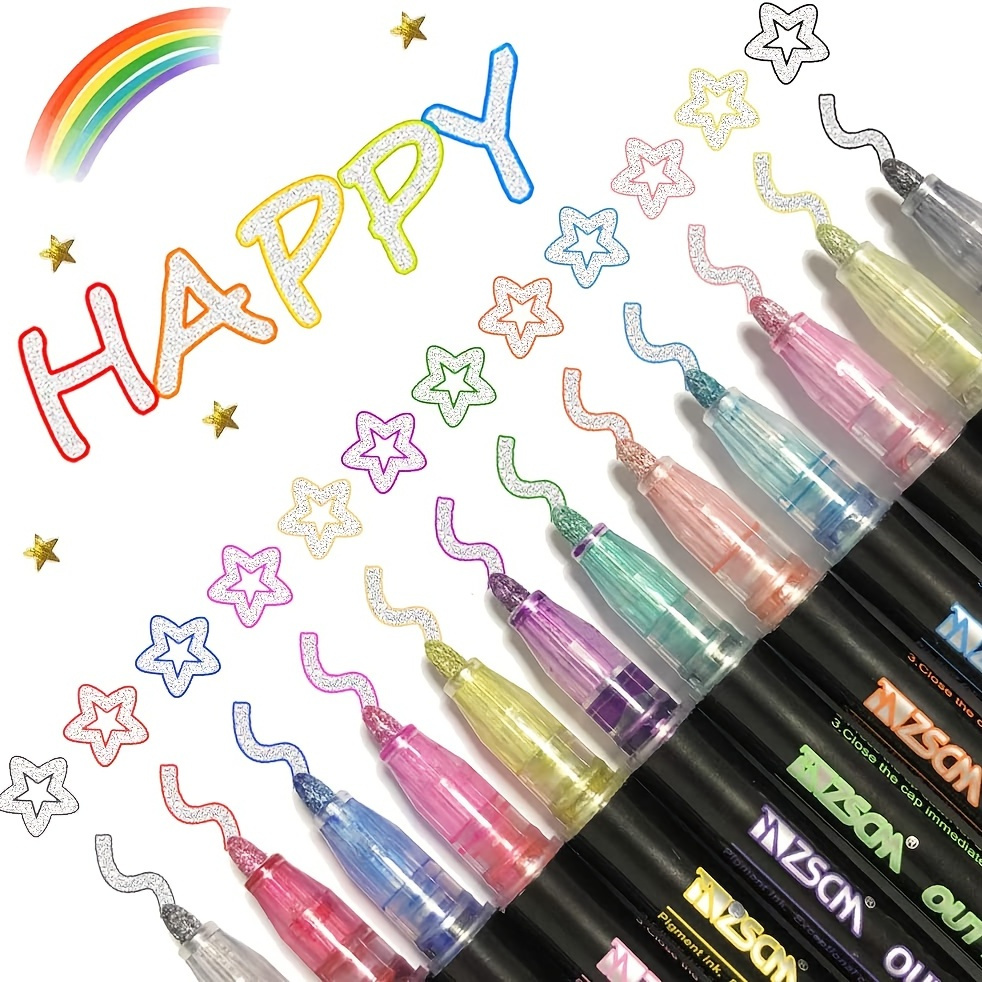 Outline Markers Pens Shimmer Markers,12 Colors Shimmer Marker Set For  Doodling, Super Squiggles Outline Markers For Kids Ages 8-12, Double Line  Pen