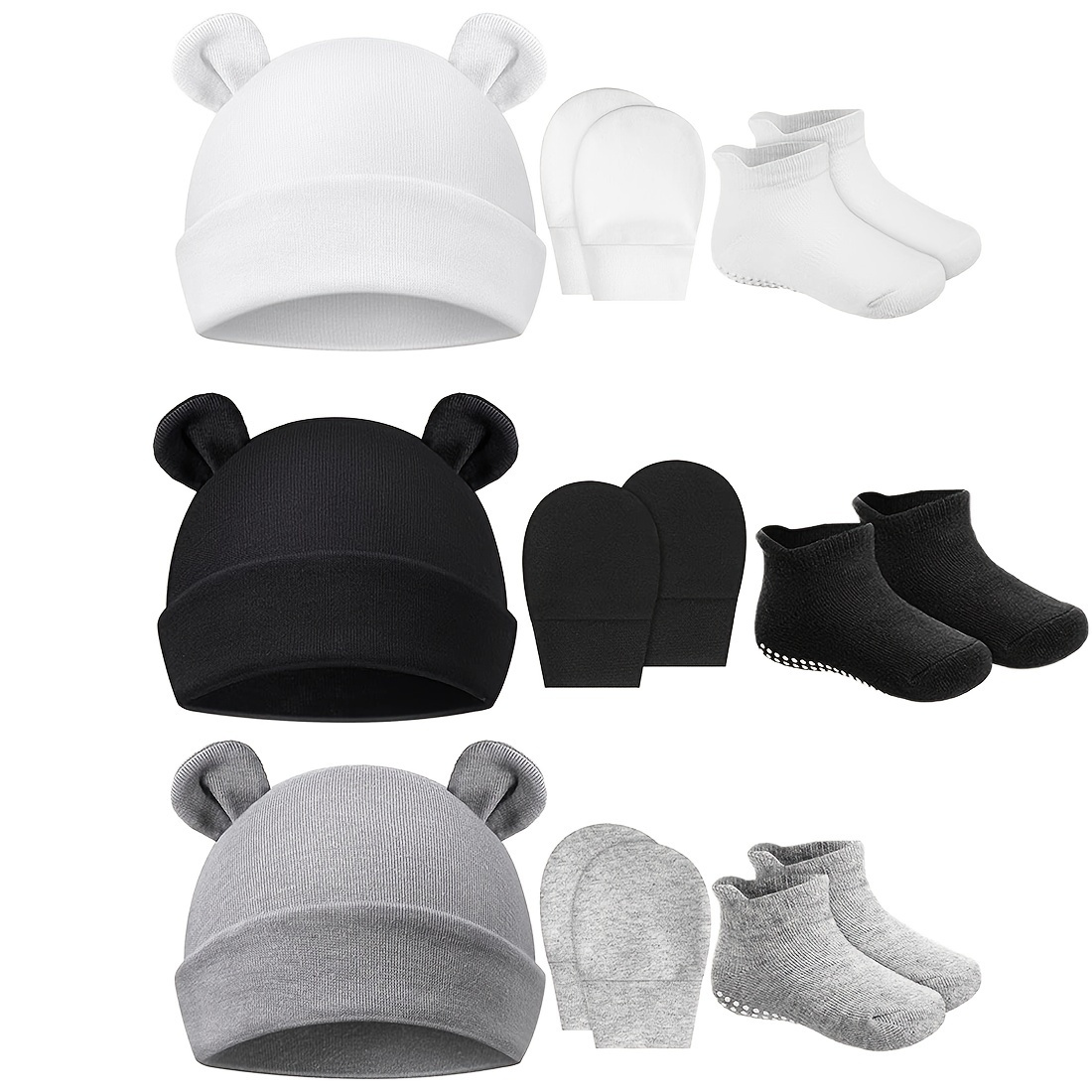 3-Piece Baby Outfit Set: Ears Hat, Mittens, Non-Slip Socks - Soft Cotton Material - Perfect for 0-6 Month Old Boys & Girls, Ideal choice for Gifts