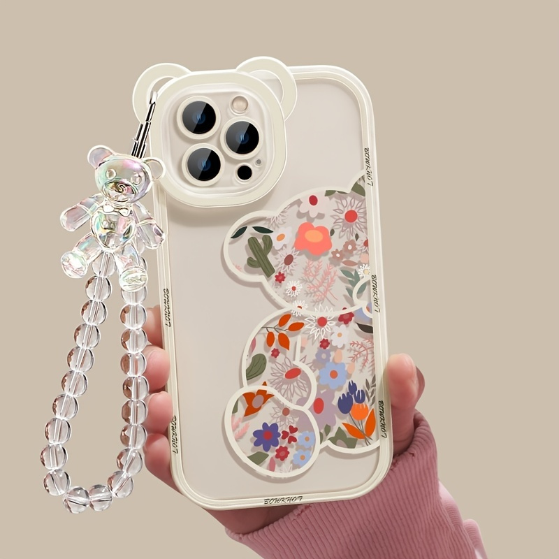 

Cute Cartoon Bearand Flower Pattern Print Transparent Protective Phone Case With Bead Bracelet For Iphone 13 11 14 Pro Max 12 Xr X Xs 7 8 Plus Se2020 2022 Se Mini