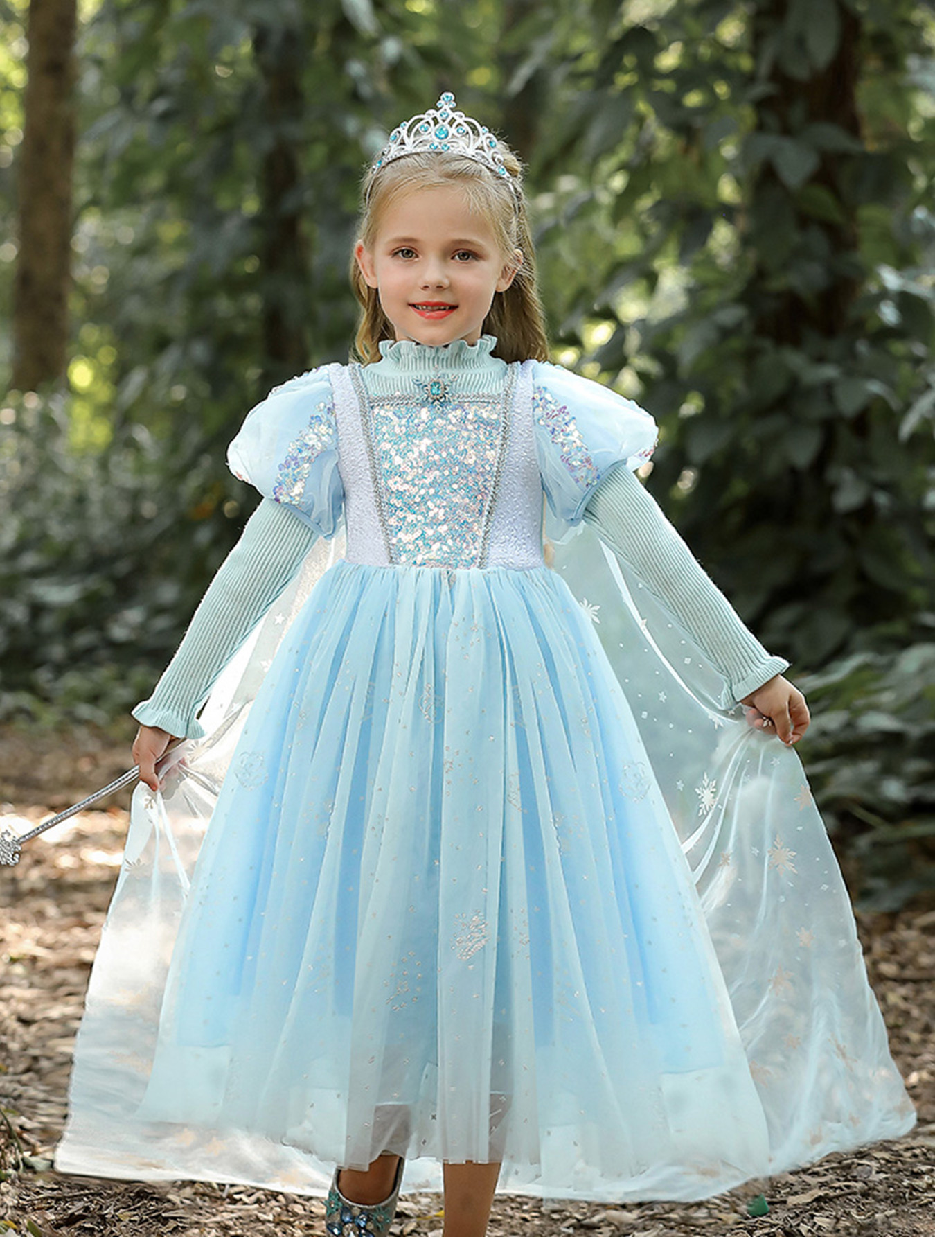 Girls Princess Dress Splicing Long Puff Sleeves Sequin - Temu