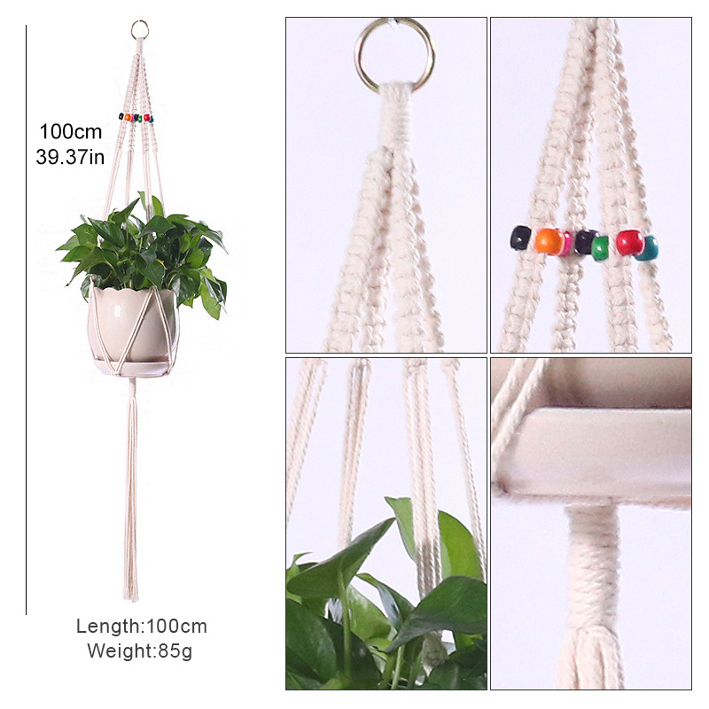 Cintre en Macramé Plante Support Cintre en Macramé Plante Cintre en Coton Cintre  Cintre en Pot de Fleurs Cintre en Pot de Fleurs 105 cm, 4 Pieds Blanc 