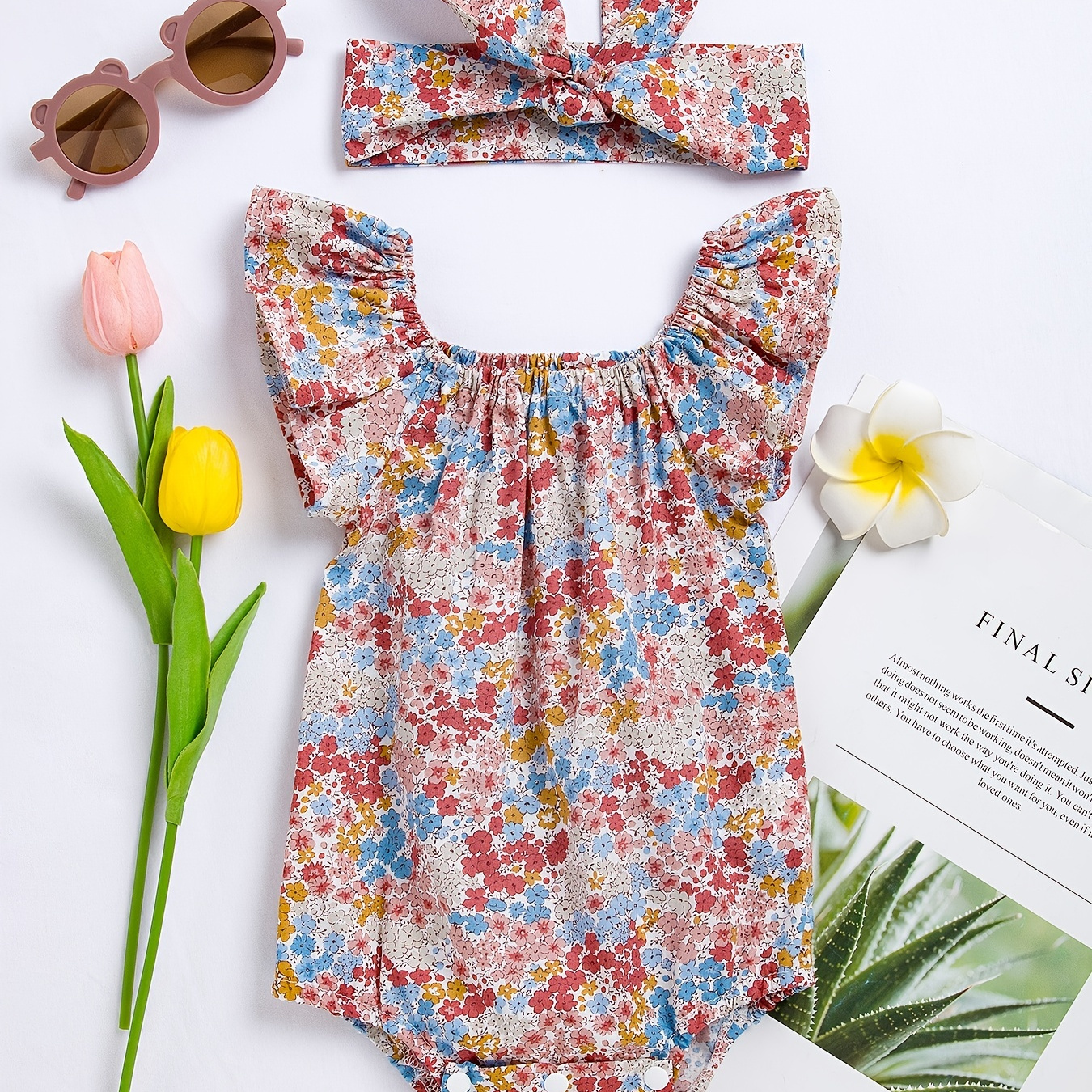 Newborn Infant Floral Romper Flying Sleeve Bodysuit Onesies & Headband For Baby Girls Toddler Summer Clothes