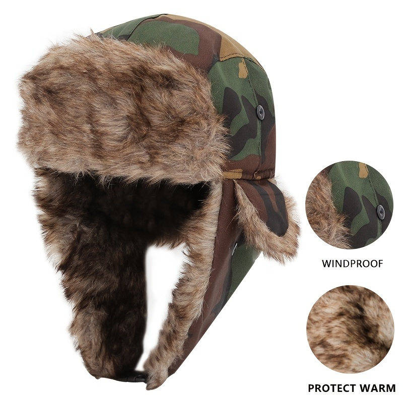 1pc Winter Hat Trapper Bomber Warm Trooper Camouflage Ear Flaps Cap  Tactical Headwear Bonnet Men Winter Ski Hat Fluffy Faux Fur Cap