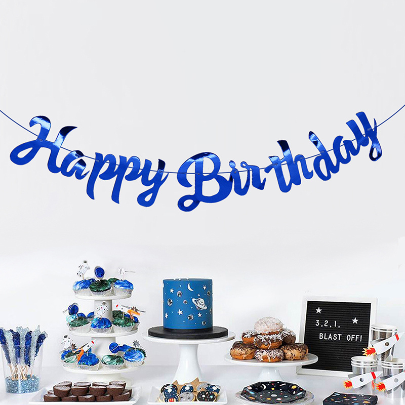 1pc, Diy Golden Blue Birthday Flag Decoration, Scene Decor, Room Decor, Birthday Party Supplies, Theme Party Decoration