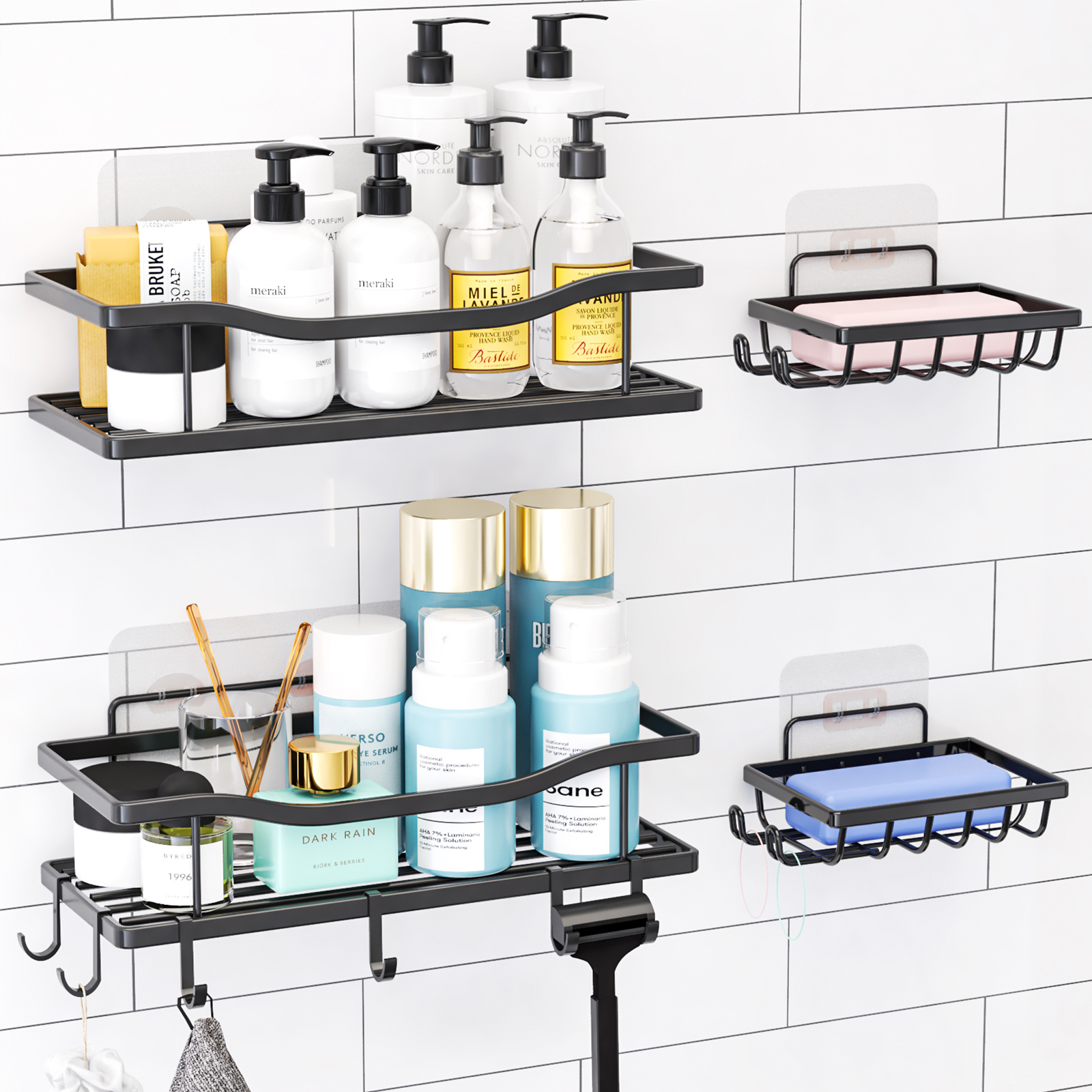 Stainless Steel Shower Caddy With 2 Shelves, 2 Soap Dishes, And 6 Hooks -  Adhesive Mounted Wall Rack For Bathroom, Toilet, And Kitchen Organization -  Temu